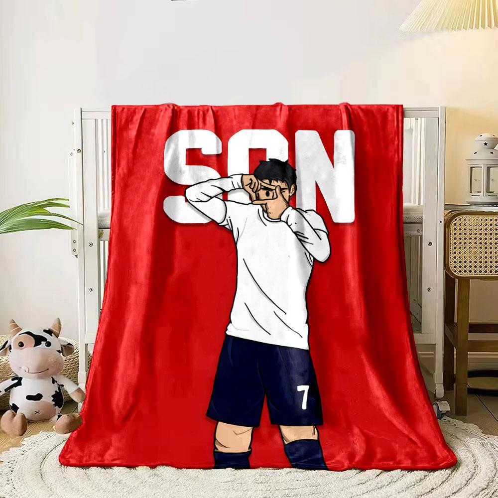 

White text with SON over a red background behind a player in white shirt. for all seasons blanket lunch break throw gift 80cm x 120cm
