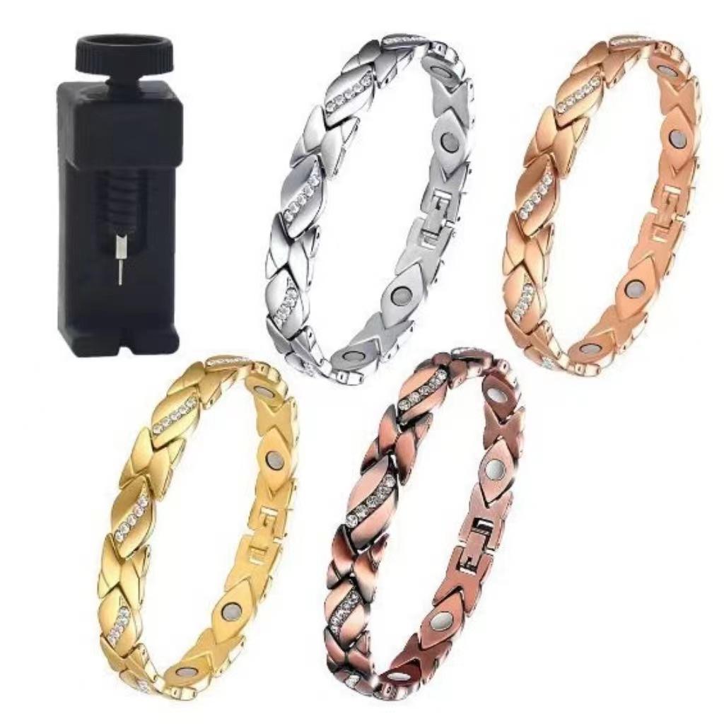 European and American Cross-Border Leaf Inlaid Diamond Magnetic Bracelet, Antique Red Copper, Brushed, Adjustable.