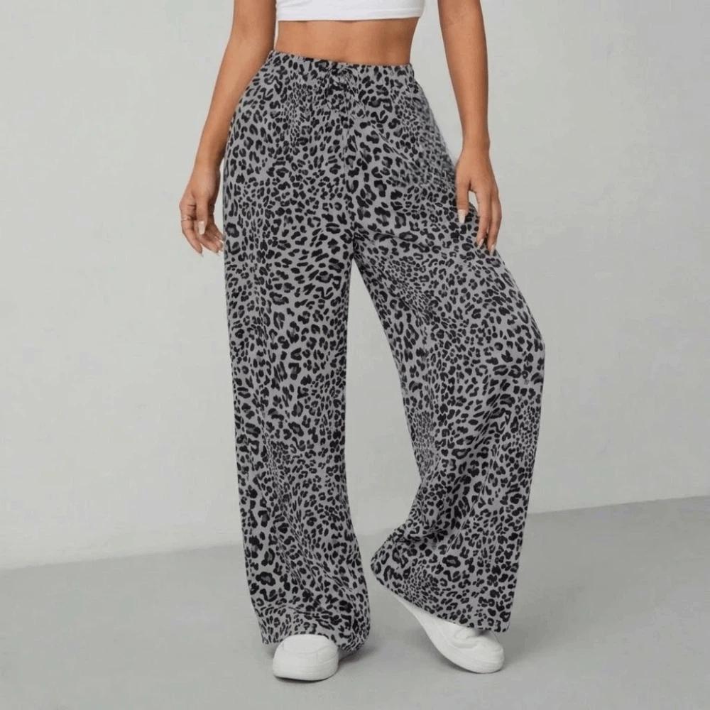 Lace-up Leopard Print Pants Baggy Floor Length Britches Straight Leg Loose Trousers Streetwear