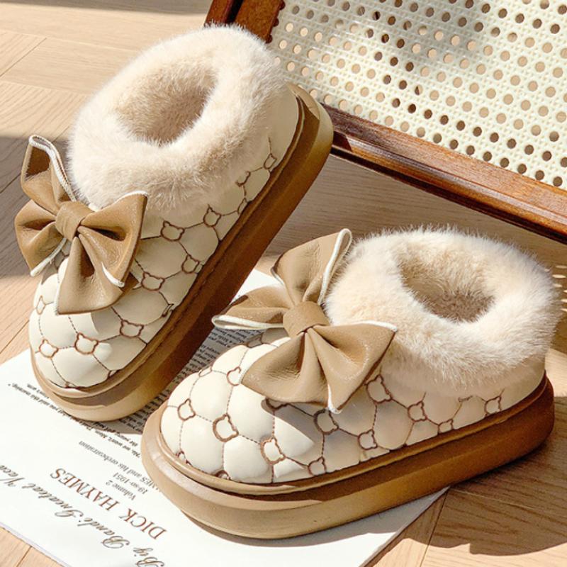 Butterfly knot cotton slippers with plush insulation for autumn and winter, thick soled anti slip cotton shoes