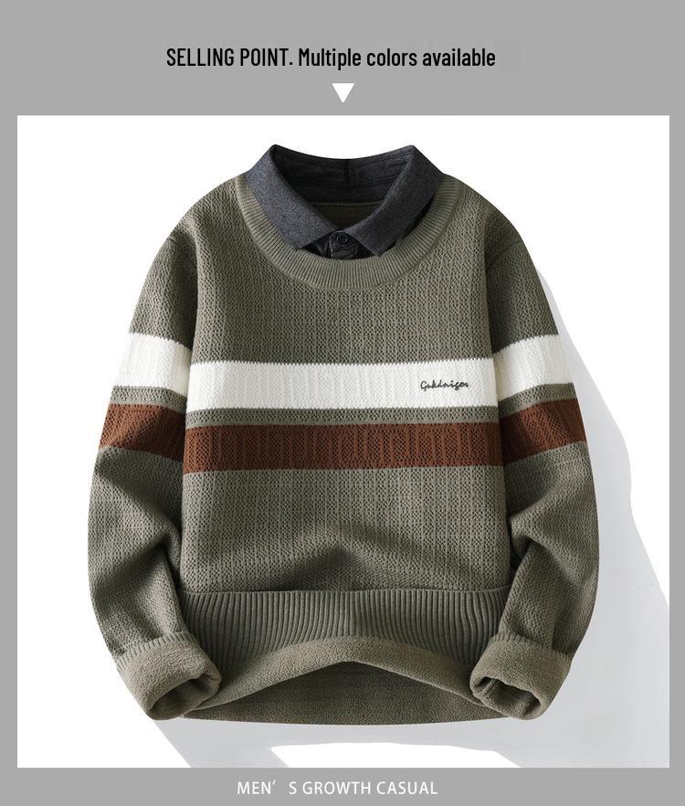 Stylish Men's Faux Two-Piece Sweater with Shirt Collar, Velvet Lining, and Knitted Wool for Autumn and Winter Warmth