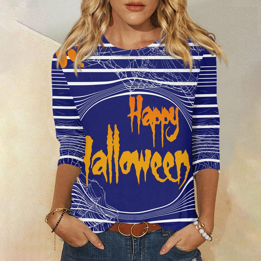 2024 New Women's Halloween Long Sleeve T-Shirt Spider Web Print Round Neck Casual Basic Loose Ladies Designer Tops