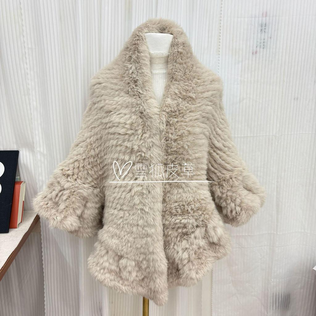 2026 Hot Selling Women's Shawl Coat: Mid-Length Double-Sided Woven Cardigan with Real Rabbit Fur