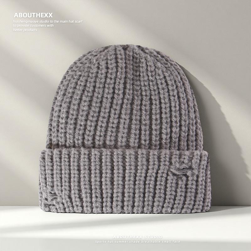 New Style Ripped Knitted Hat for Women Winter Retro  Versatile Face Showing Small Woolen Hat Large Head Circumference  Warm Pullover Cold Hat for Men