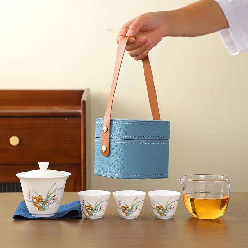 Ceramic Travel Tea Set with One Pot & Three Cups Handbag Graceful Orchid