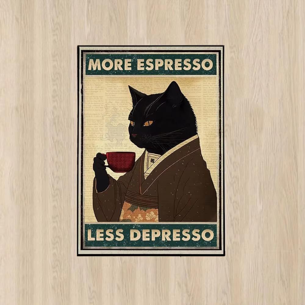 Retro Metal Tin Sign More Espresso Less Depresso Coffee Drinking Poster Special Gift for Lover Funny Black Cat Wall Art Decor