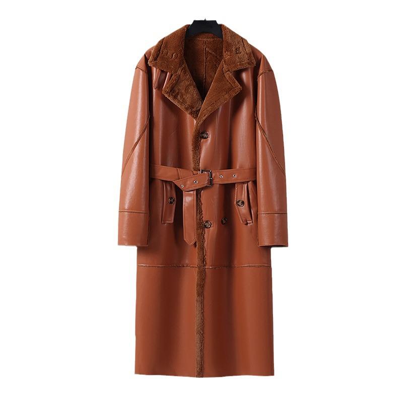 Men's Plus Size Fur-Lined Long Faux Leather Trench Coat