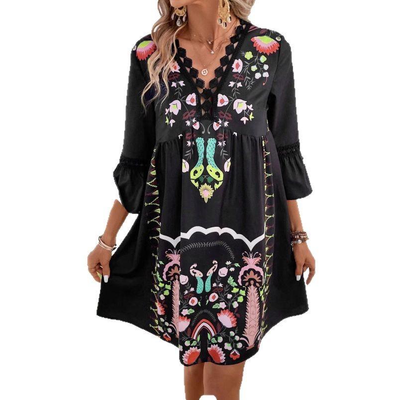 New Women's V-Neck Lace Trim Printed Midi Dress, Short Sleeve Casual Floral Summer Dress for Daily Wear