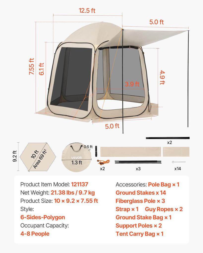 Screen House Zelt, 3030 x 2650 x 2300 mm, 4-8 Personen Pop-Up Screen Zelt mit erweiterter Markise, Tragbares abgeschirmtes Überdach mit Tragetasche, Netzgewebe