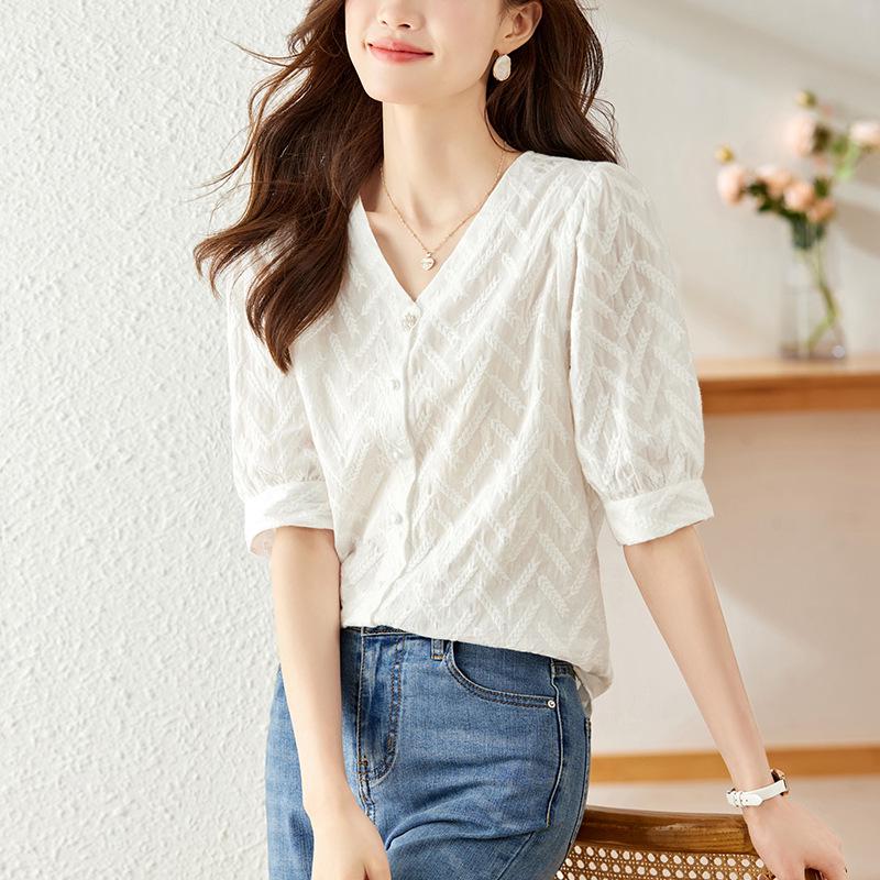 Cotton Cocoon V-Neck Puff Short Sleeve White Summer Shirt L белый