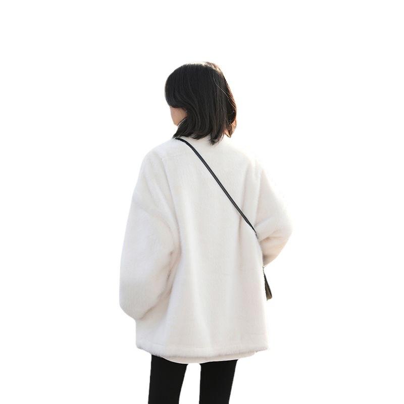 Korean version loose stand-up collar solid color coat medium and long plush jacket top women's winter new women's clothing