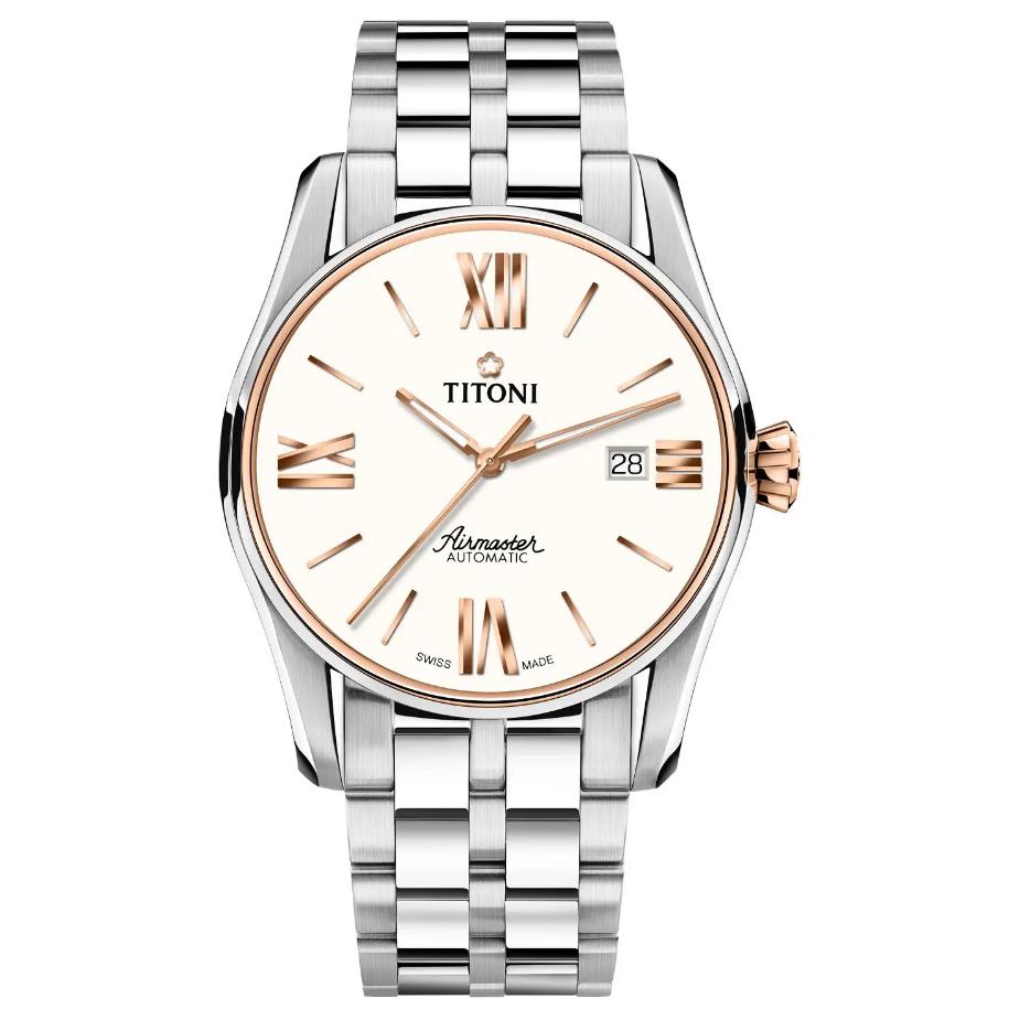 Titoni Pflaumenblüte Air King Serie Automatisches Mechanisches Uhrwerk 50 Meter Zifferblatt Edelstahl PVD-beschichtetes Gehäuse Edelstahlarmband 83908SRG-619