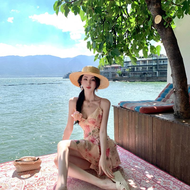 Seaside Wear French Gentle Pink Floral Suspender Dress Women's Summer Waist Thin Lotus Leaf Edge A-word Skirt