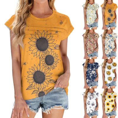 Women's Fashion Casual Short Sleeve Basic Texture Floral Round Neck T-Shirt Cap Sleeve Top