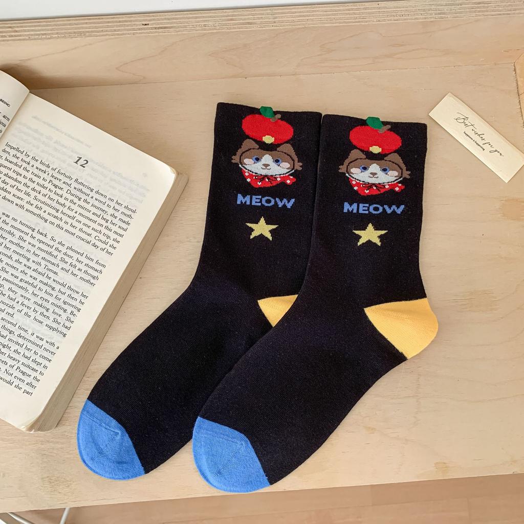 Autumn Women's Socks, Mid-calf Socks, Cartoon Cat Through-pile Socks, Student Socks for Women