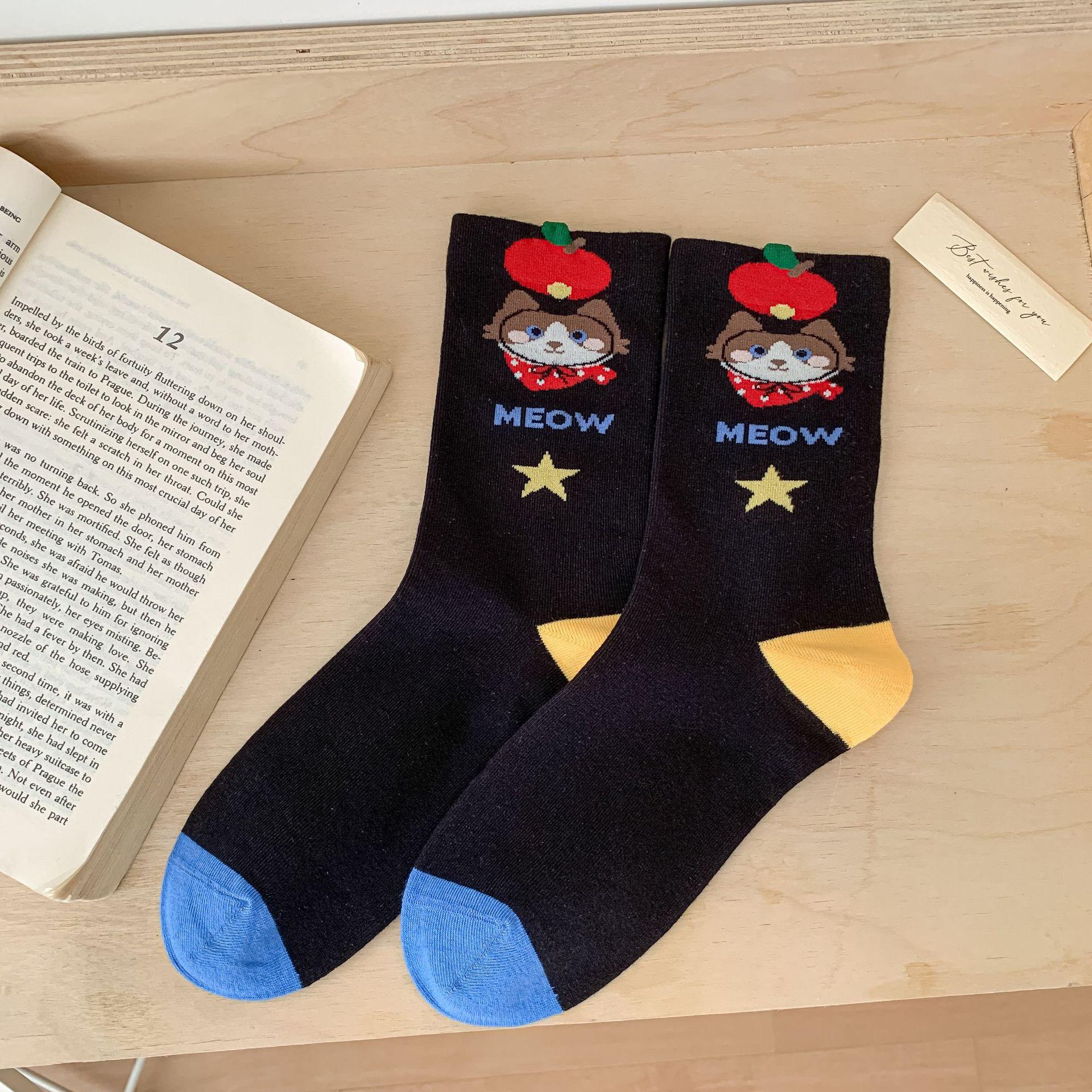 

Autumn Women s Socks, Mid-calf Socks, Cartoon Cat Through-pile Socks, Student Socks for Women One size