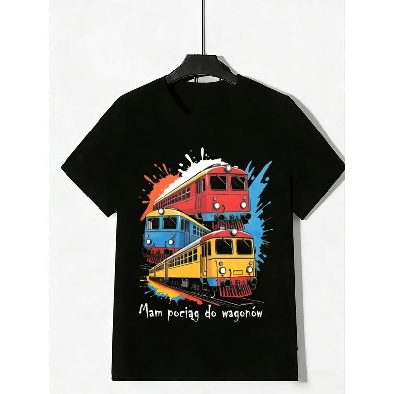 Men's T-Shirt Black Train Graphic with Polish Text for Casual Wear