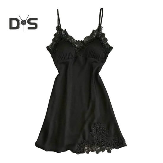 

Женская сексуальная ночная рубашка с V-образным вырезом и открытой спиной без рукавов, кружевное лоскутное платье со съемными подушечками, атласное однотонное мягкое платье длиной выше колена, женское платье для сна L чёрный