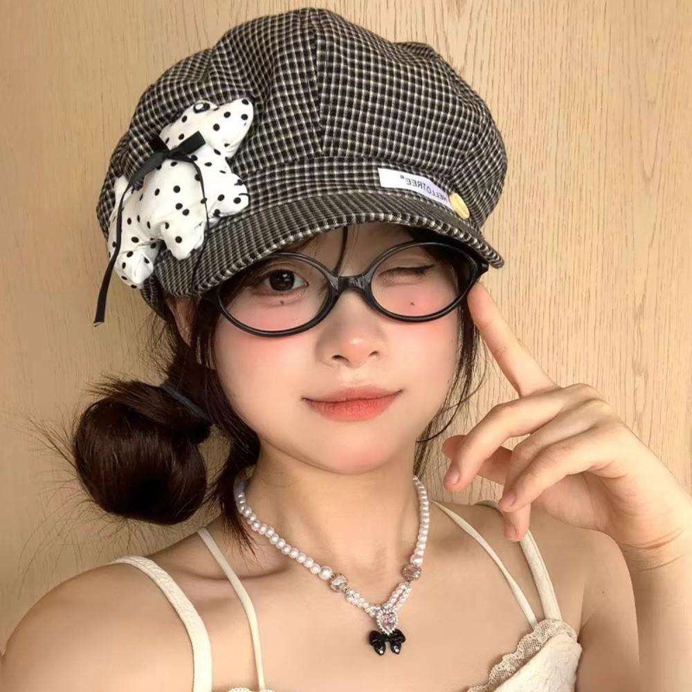 Polka Dot Print Beret Hat Plaid Newsboy Hat Cute Octagonal Cap For Girls