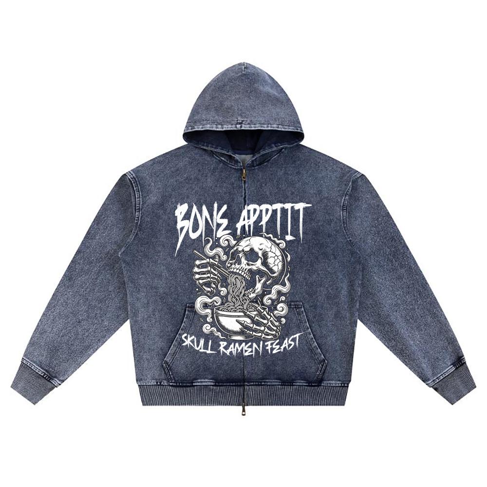 DTG Print Knitted Denim Zip-Up Hoodie Bone App It Brother Print Zipper Hoodies