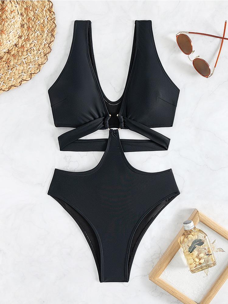 Solid Color Slim Fit Sexy One Piece Bikini Swimsuit Women Fashion Beach Vacation Elegant Swimwear