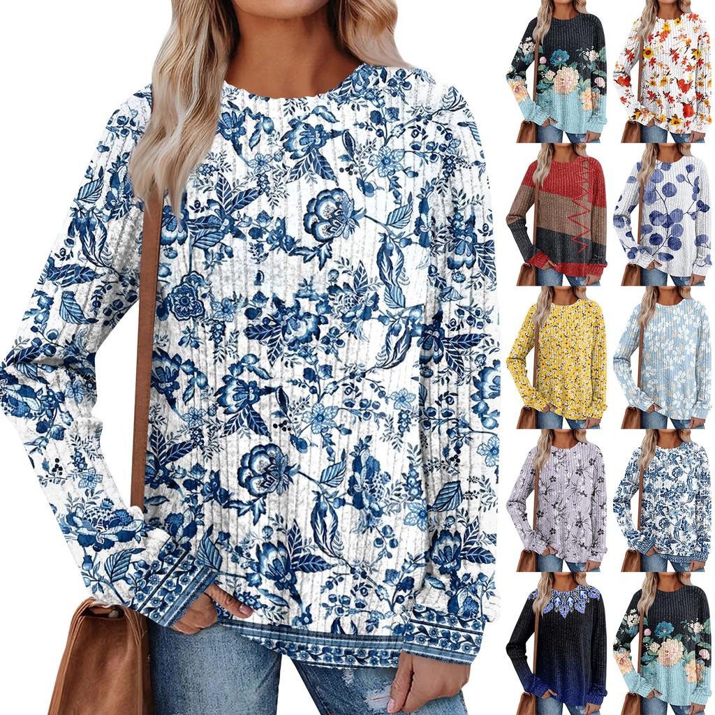 Women's Winter Color-Block Printed Lightweight Brushed-Cotton Round Neck Top