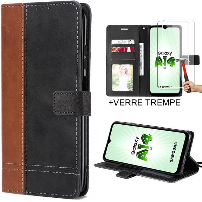 Coque pour Samsung Galaxy A14 4G/5G avec 2 Verres Trempés, Antichoc Intégral Synthécuir Noir-Marron