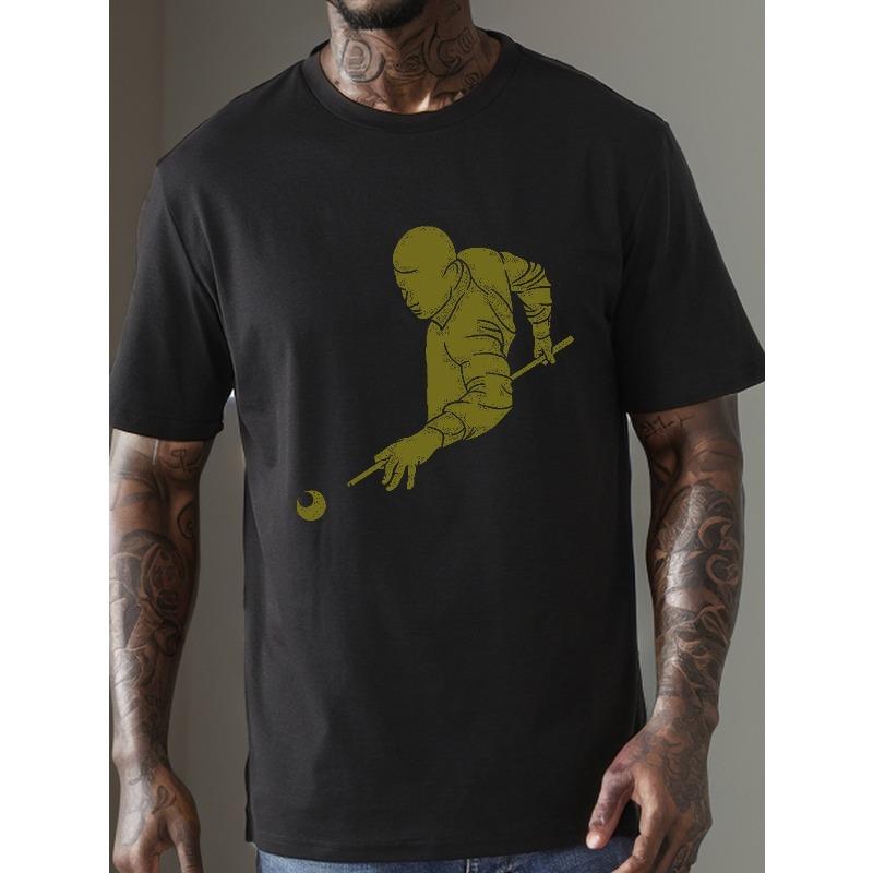 Figure Playing Billiard Graphic Print Men's Crew Neck Short Sleeve Tees, Trendy T-shirt, Casual Comfortable Versatile Top For Summer