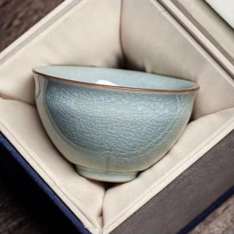 Ru Kiln Ice Crack Glaze Teacup, Handmade Ceramic Gongfu Tea Set, Personal Master Cup with Gift Box