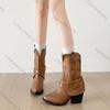 Mode Comemore Vintage Herbst Dicke Hohe Absätze Damen Western Cowboy Mid-Calf Stiefel Mode Damen Slipper Stickerei Kurze Stiefeletten
