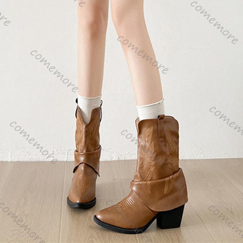 Fashion Comemore Vintage Autumn Thick High Heels Women Western Cowboy Mid-calf Boots Fashion Ladies Slip On Embroidery Short Booties