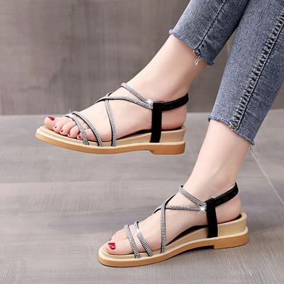 Woman Shoes Black Roman Style Open Toe Sandals for Women Diamond Flat Rubber 2025 Trending Original Vip Sales Designer Luxury
