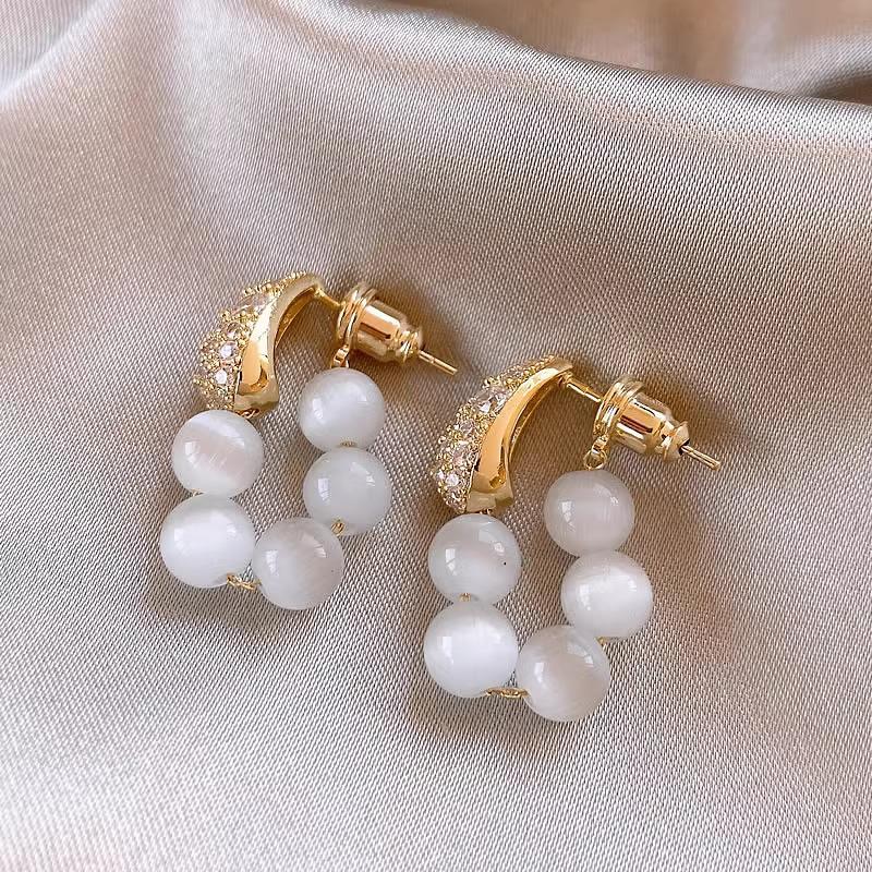 Copper Zircon Pearl Tiger's Eye Back-Hanging Earrings - Light Luxury Design for Autumn/Winter