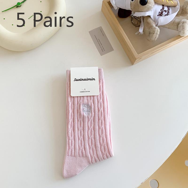 5 Pairs of Small Fresh Female Twist Letter Embroidery In The Tube Stack Socks