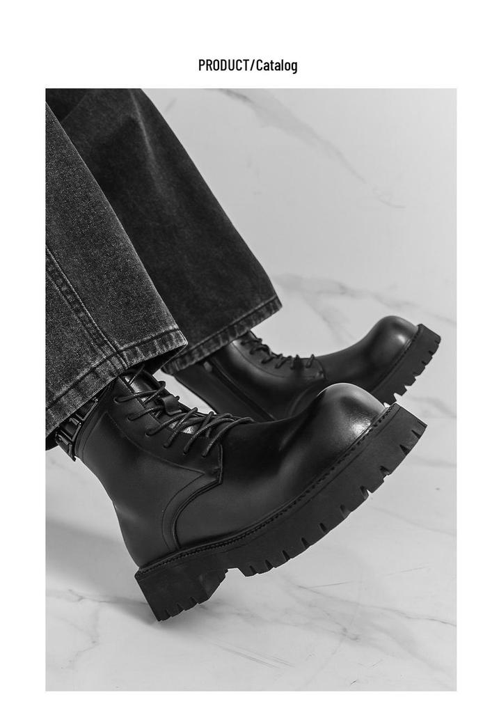 Men's Leather High-Top Martin Boots - Autumn/Winter Thick Sole, Height Increasing, British Style, Large Size