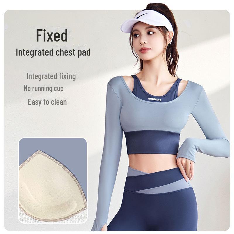 Juyitang Slim-Fit Shockproof Color Block Two-Piece Yoga Apparel (Bra-Free)