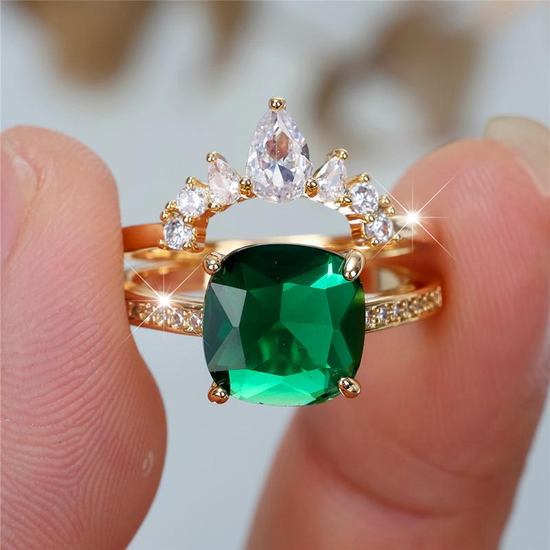 

Роскошный набор колец с квадратным зеленым цирконием для женщин, золотые кольца для вечеринок, помолвки, свадьбы, ювелирные изделия 9 золотой/зелёный