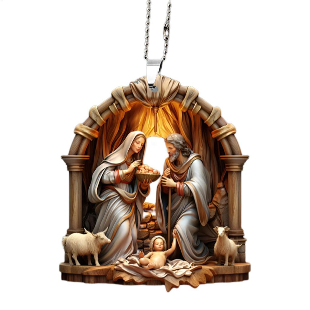 Christmas Tree 2D Acrylic Jesus Pendant Ornament Family Prayer Scene Pendant Car Hanging Decoration Party Home Decorations