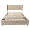 Upholstered Bed 160*200cm with Slatted Frame and Headboard, Button Tufting, Stud Upholstery, Wooden Legs, Velvet, Light Beige