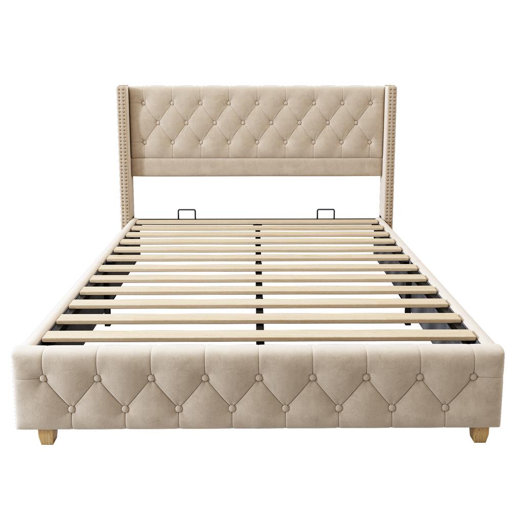 Upholstered Bed 160*200cm with Slatted Frame and Headboard, Button Tufting, Stud Upholstery, Wooden Legs, Velvet, Light Beige