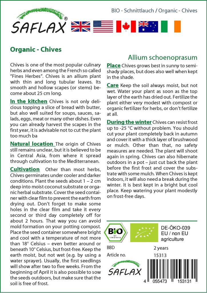 SAFLAX Garden In the Bag - Organic - Chives - 250 Seeds - With Substrate In a Fitting Stand Up Bag - Allium Schoenoprasum