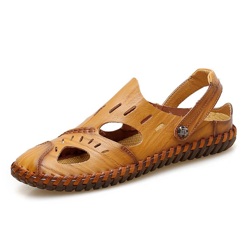 Plus Size 47 Summer Handmade Sandals Men's Authentic Leather Toe Box Hollow Out Shoes Casual Men's British Beach Shoes