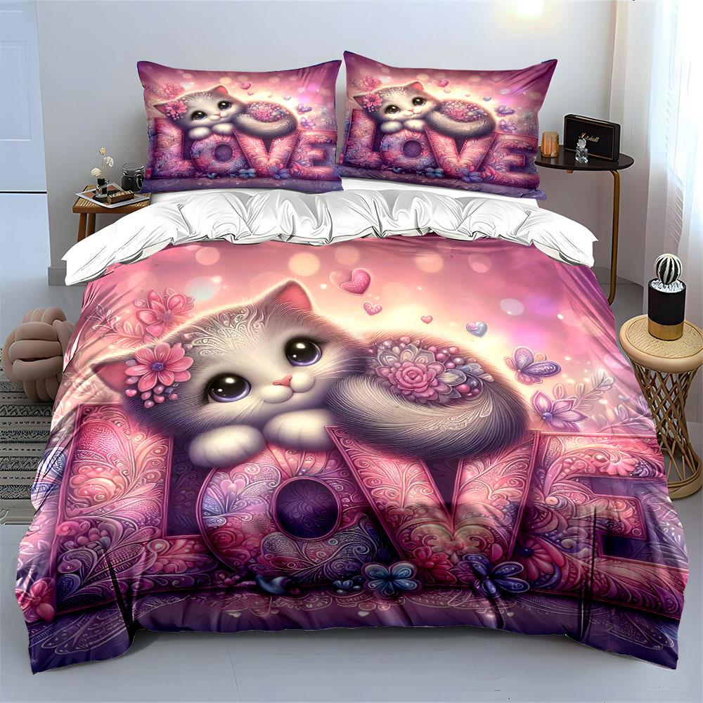 A Cute Cat Is Lying On The Word Love. Duvet Cover Set With 3D Printing Design Soft Polyester Bedding Set All-Season Comfort