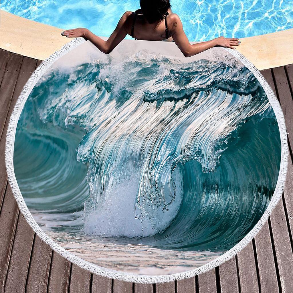 Blue Sea Wave Round Beach Towel with Tassels, Microfiber Beach Blanket Absorbent Quick Dry Soft Pool Towel Portable Picnic Ma