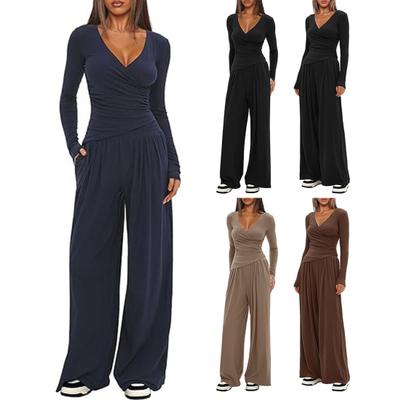 Damen 2-teilige Loungewear-Sets V-Ausschnitt Langarm-Oberteil und Weitbein-Hosen-Set Frühling Herbst Freizeit-Outfits