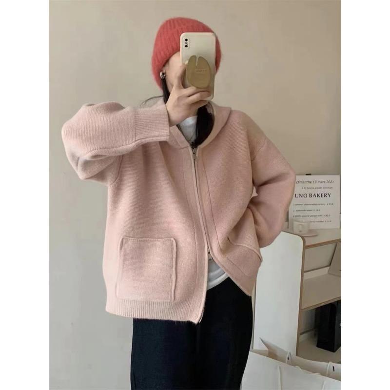 New Simple Pocket Double Zipper Hooded Knitted Cardigan for Women Loose Lazy Style Solid Color Thick Coat for Women