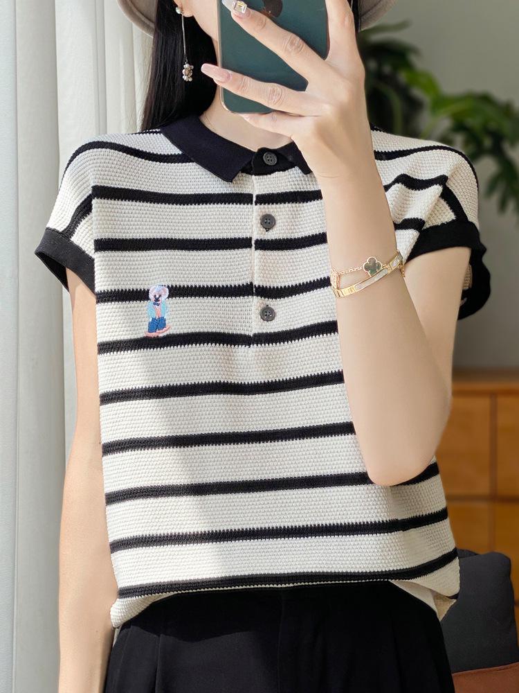 Women's 2024 Summer Ice Silk Striped Embroidered Polo T-Shirt