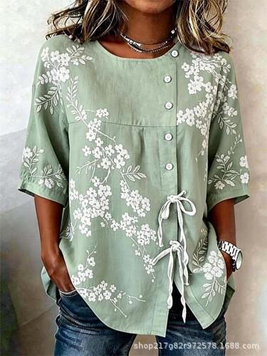 European and American summer new women's tops, shirts, geometric printing buttons, drawstrings, half-sleeved tops, T-shirts, women's clothing