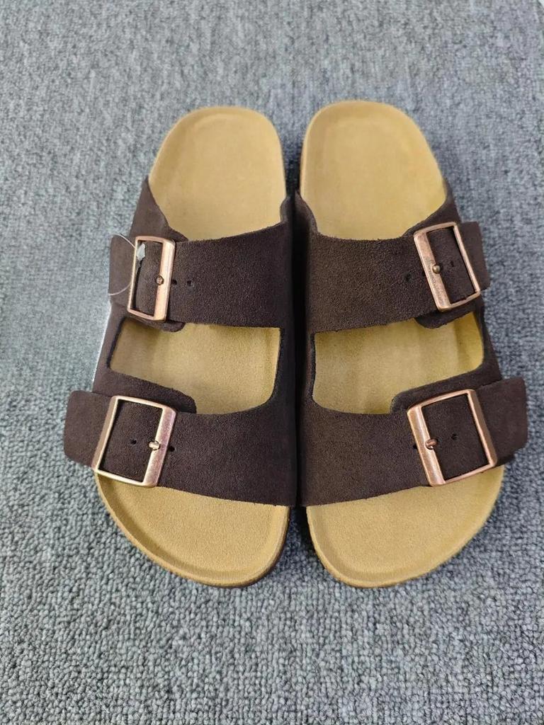 Vintage Style Unisex Double Buckle Flat Beach Slide Sandals with Cork Insole – Casual Comfort for Summer