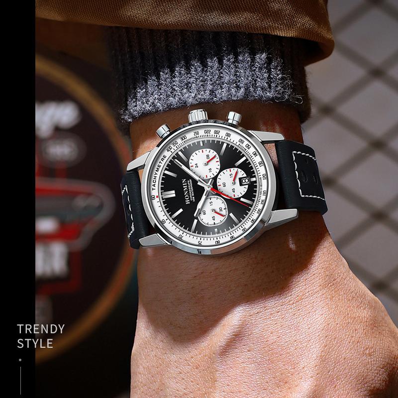 Multifunktions-Sportuhr Herren Luxus Chronograph Kalenderuhr Mann Leder Wasserdicht Leuchtende Armbanduhren